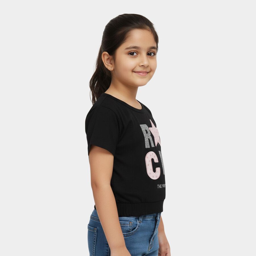 Girls' Black Cotton Round Neck Graphic T-Shirt, Black, large