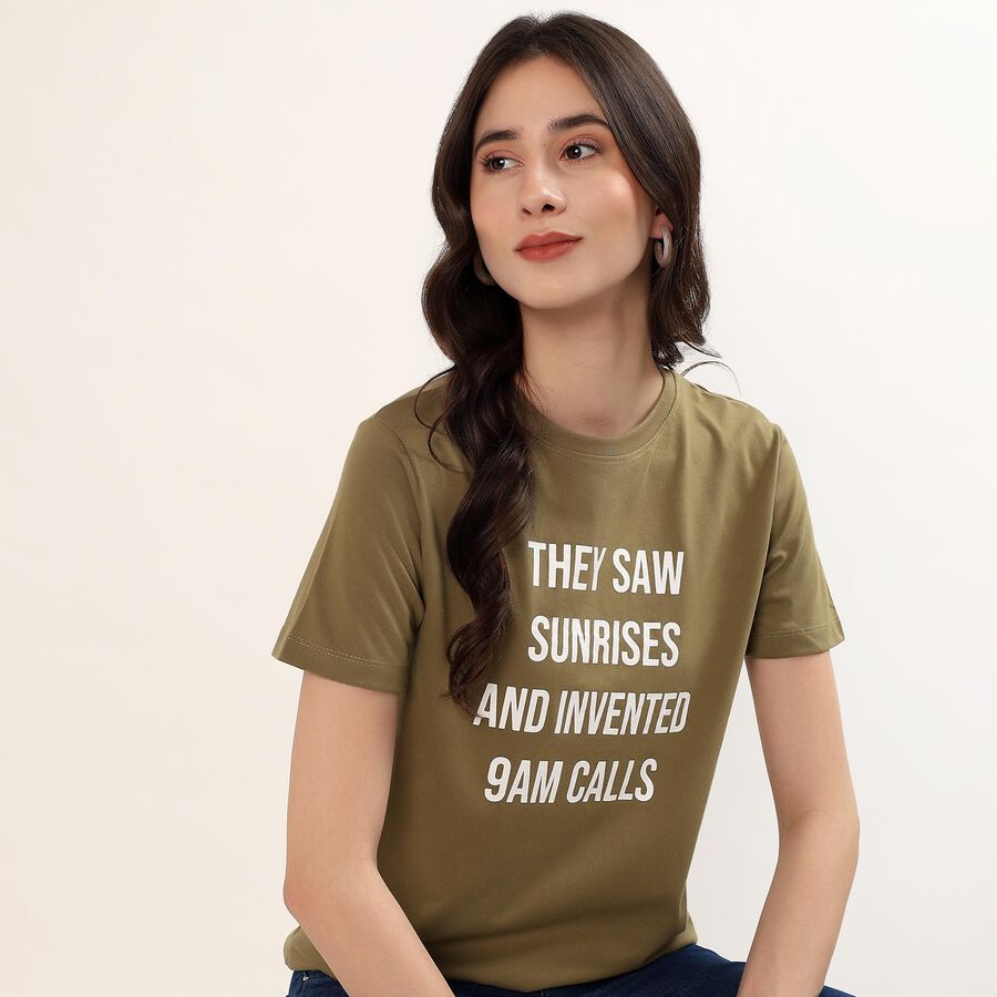 Women's Olive Round Neck Graphic Printed T-Shirt, Olive, large