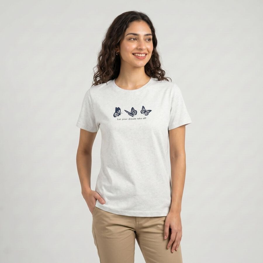 Women's Grey Round Neck Regular T-Shirt, Melange Light Grey, large