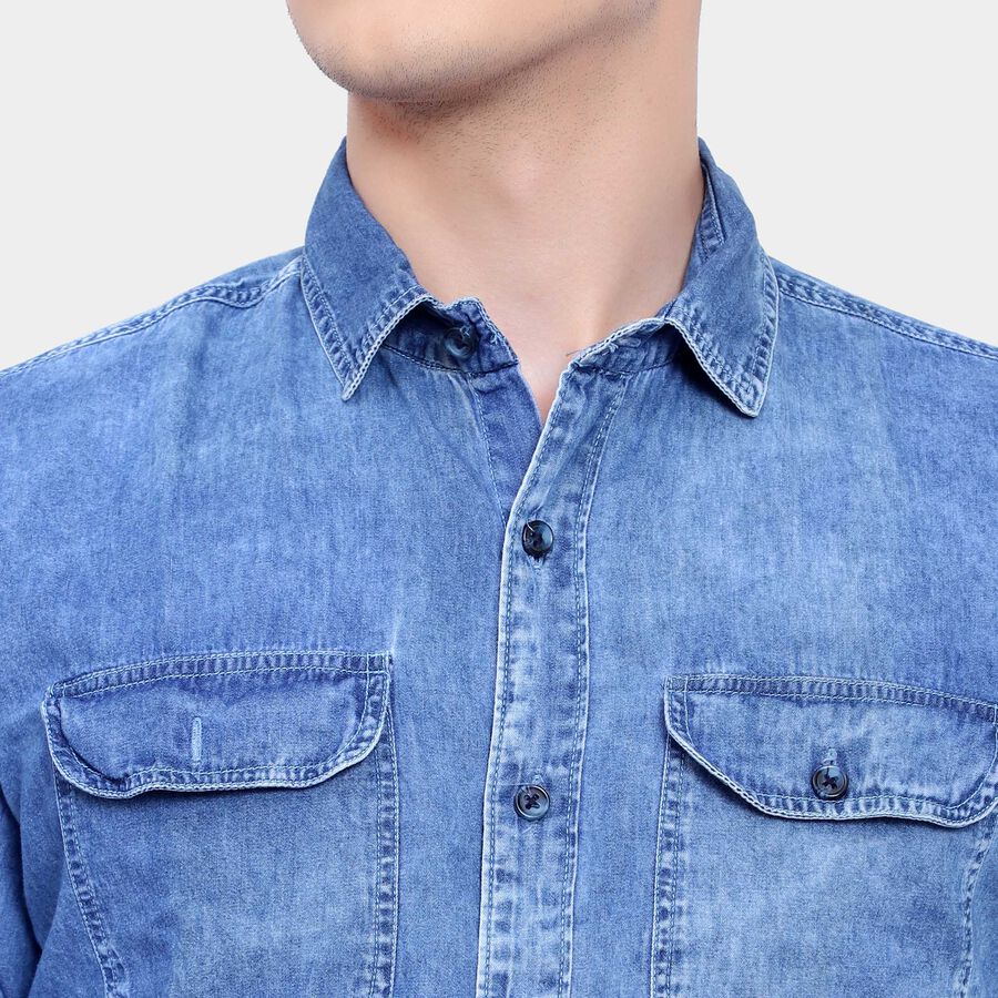 100% Cotton Solid Casual Shirt, Mid Blue, large image number null