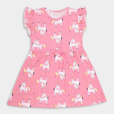 Girls' Bright Pink Unicorn Printed A-Line Frock