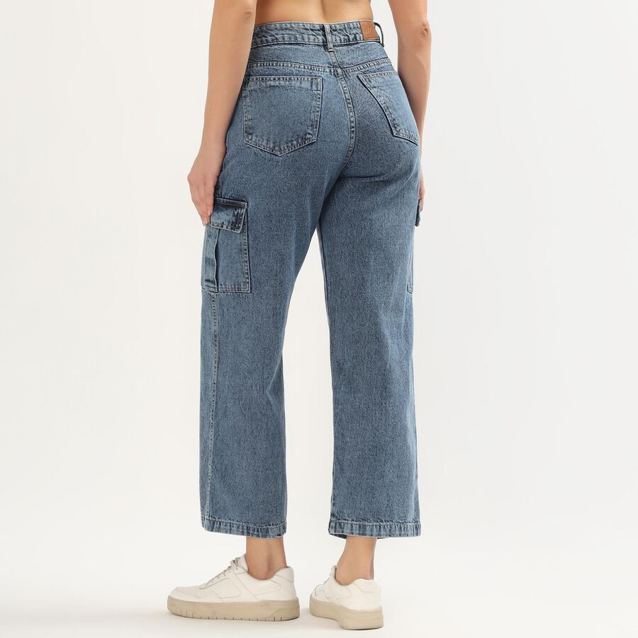 Women's Light Blue Wide-Leg Washed Jeans, मध्यम नीला, large