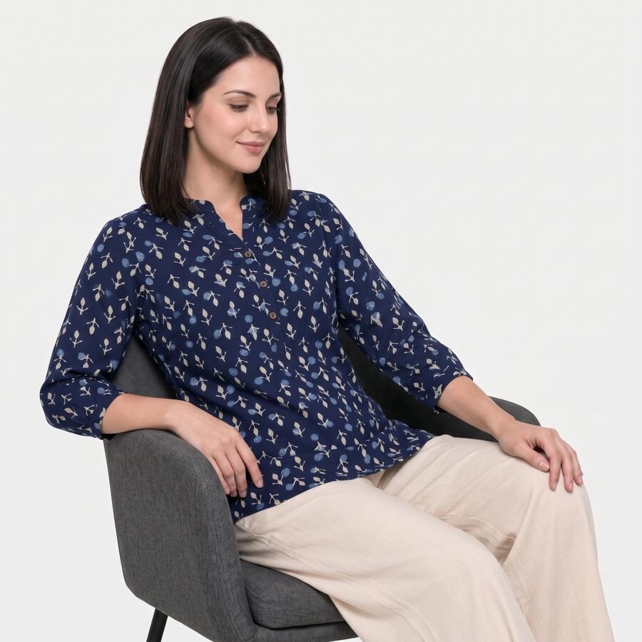 Women's Navy Blue Mandarin Collar Floral Printed Straight Kurti, गहरा नीला, large