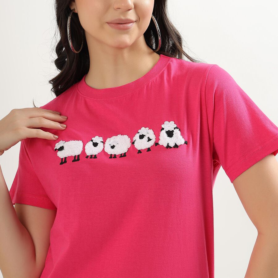 Women's Bright Pink Cotton Round Neck Casual T-Shirt, Fuchsia, large image number null