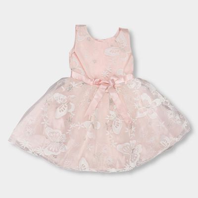 Girls' Soft Pink Flared Sleeveless Embroidered Frock