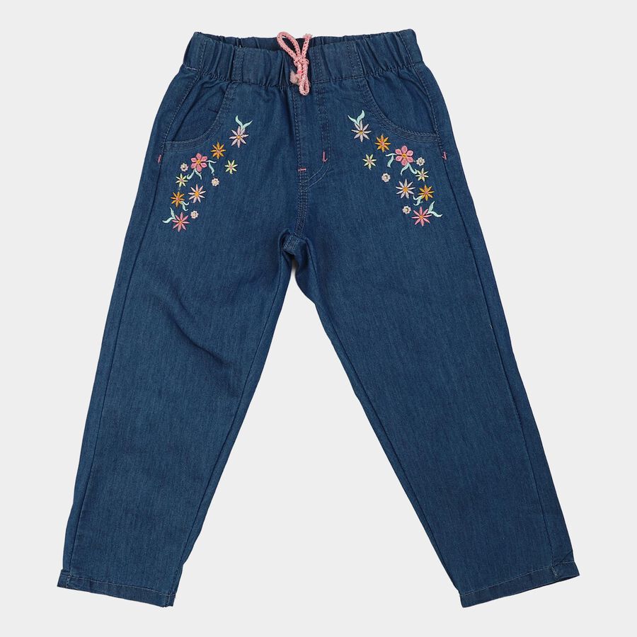 Girls Blue Straight Fit Embroidered Jeans, Mid Blue, large