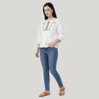 Women's White Cotton Round Neck Embroidered Top, सफ़ेद, small