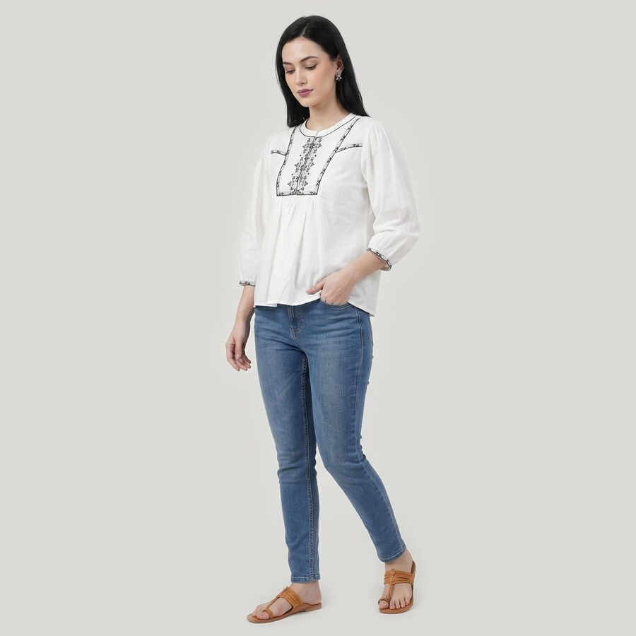 Women's White Cotton Round Neck Embroidered Top, सफ़ेद, large