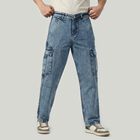 Men's Light Blue Cargo Fit Washed Jeans, Light Blue, small