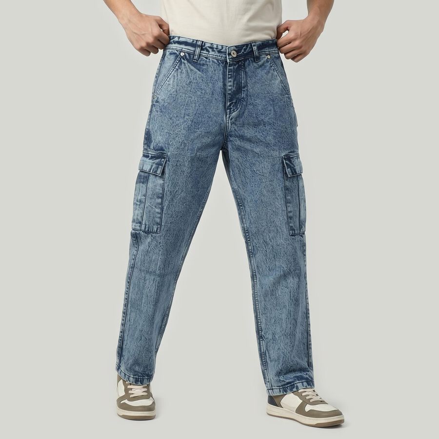 Men's Light Blue Cargo Fit Washed Jeans, Light Blue, large