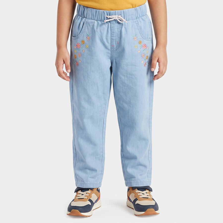 Girls' Light Blue Straight Fit Embroidered Jeans, हल्का नीला, large