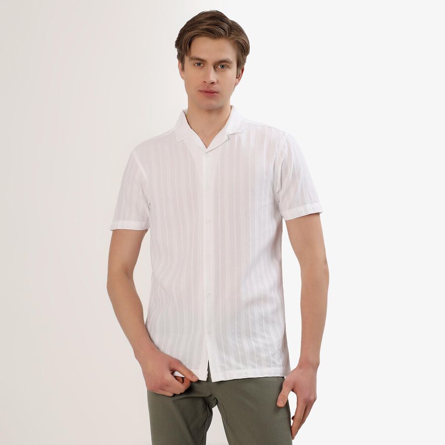 Men's White Cotton Half Sleeve Cuban Collar Casual Shirt, White, large