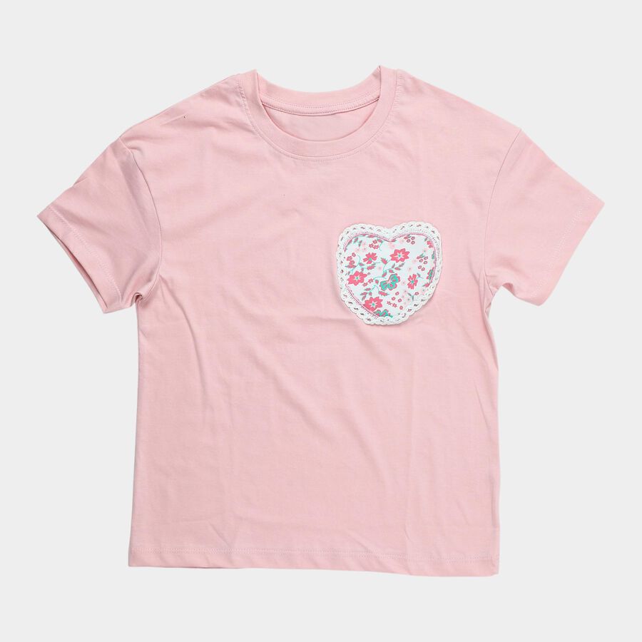 Girls Pink Cotton Round Neck Graphic Print T-Shirt, Pink, large
