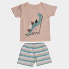 Infants' Peach Cotton Round Neck Dinosaur Printed Baba Suit, Peach, small