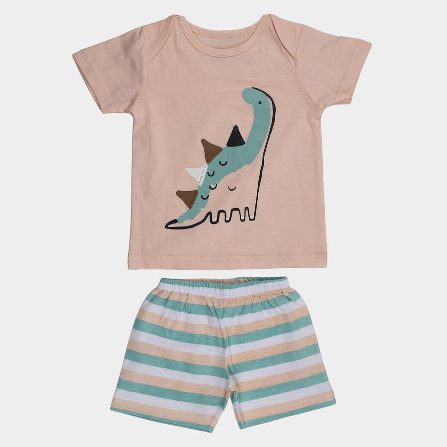 Infants' Peach Cotton Round Neck Dinosaur Printed Baba Suit, Peach, large