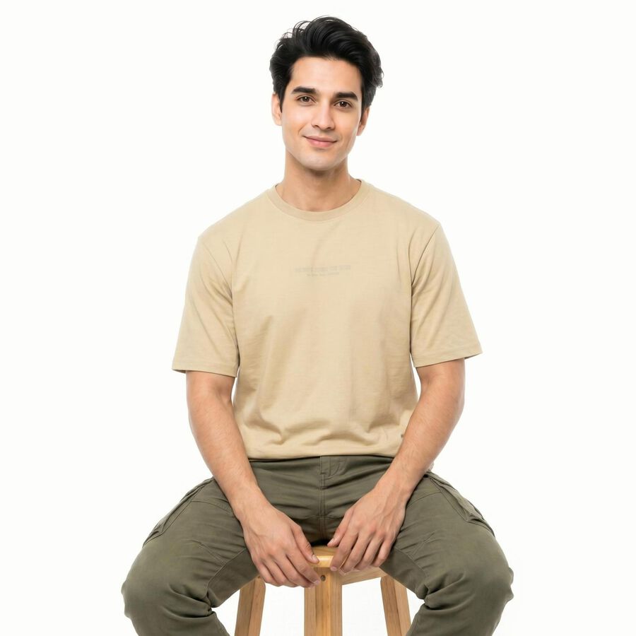 Men's Beige Round Neck Graphic Print Regular T-Shirt, Beige, large