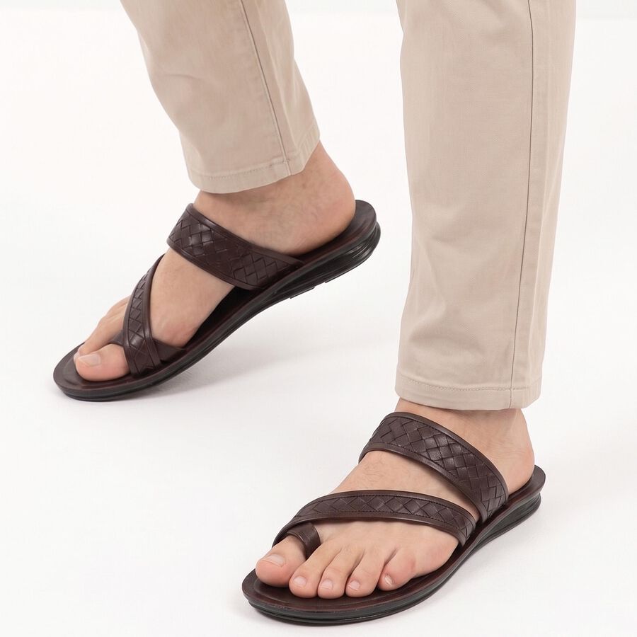Men's Brown Strappy Slip-On Sandals, Brown, large