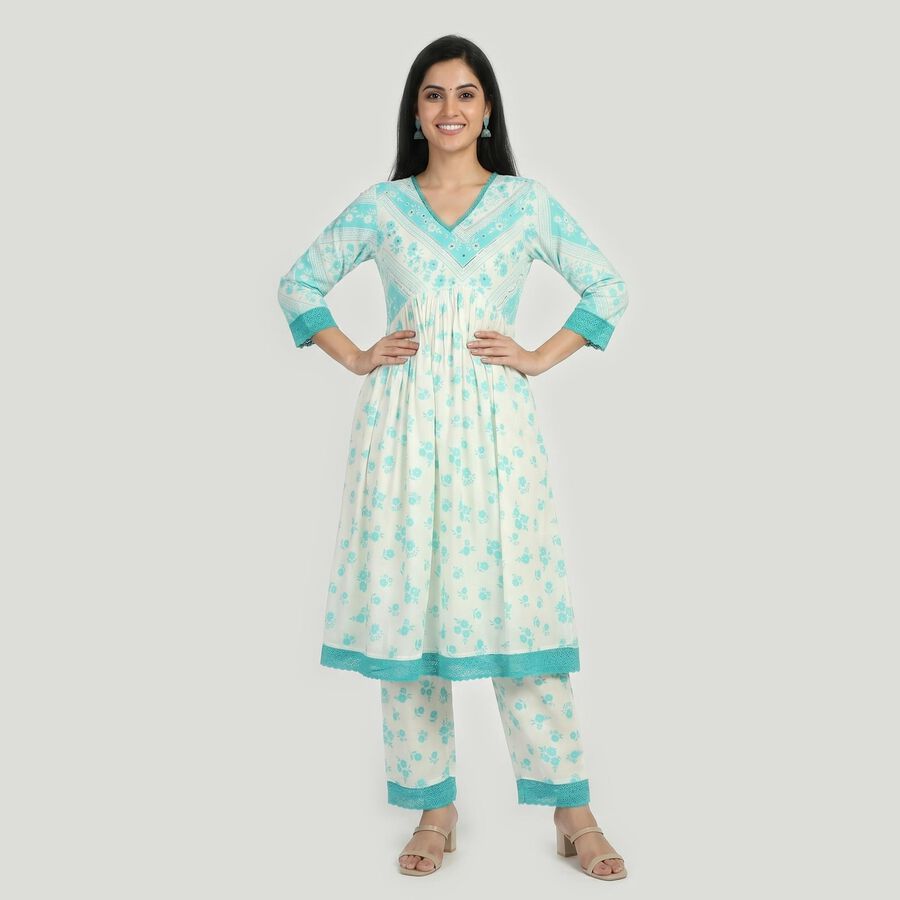 Women's Light Blue V-Neck Floral Printed Kurta, Light Blue, large