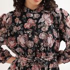 Women's Black Floral Mandarin Collar Midi Dress, Black, small