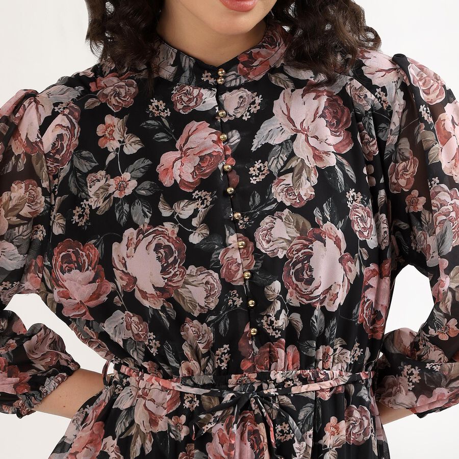 Women's Black Floral Mandarin Collar Midi Dress, Black, large