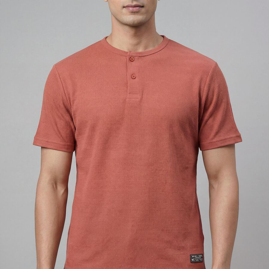 Men's Rust Henley Neck Casual T-Shirt, Rust, large