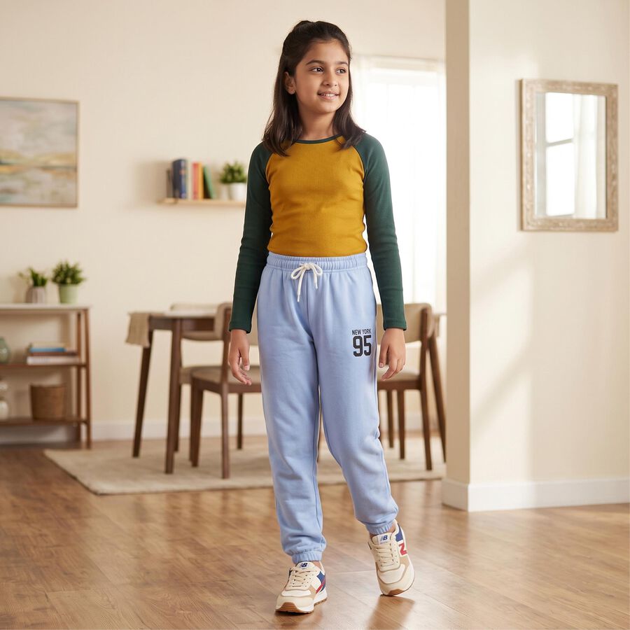 Girls' Light Blue Regular Fit Graphic Print Jogger Pyjama, Light Blue, large