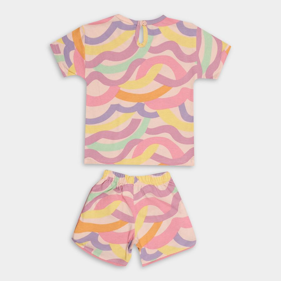 Baby Multicolor Cotton Round Neck Casual Shorts Set, Peach, large image number null
