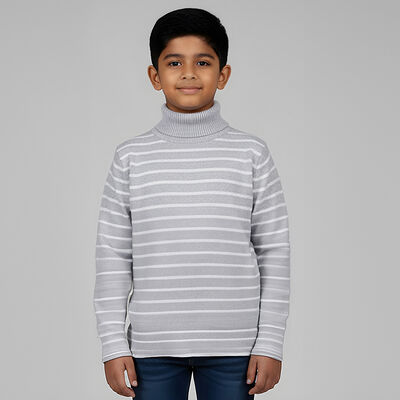 Boys Light Grey Turtleneck Striped Pullover