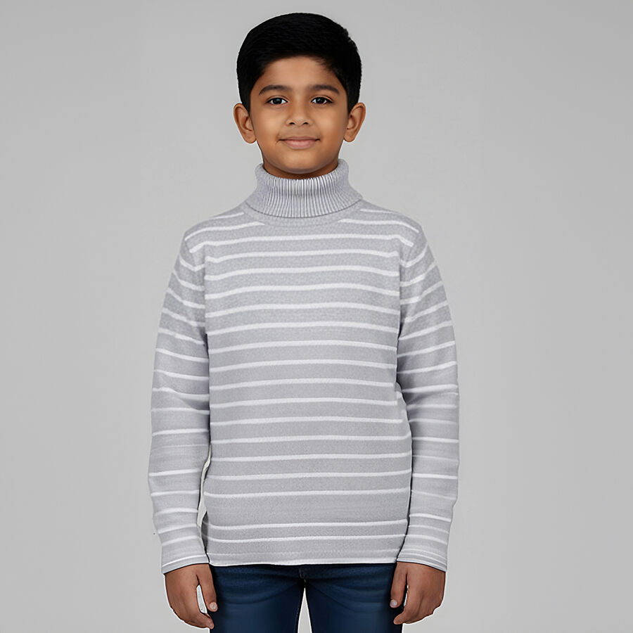 Boys Light Grey Turtleneck Striped Pullover, हल्का ग्रे, large image number null
