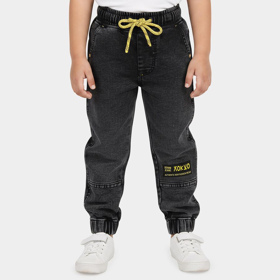 Boys Black Regular Fit Jogger Style Jeans, काला, large