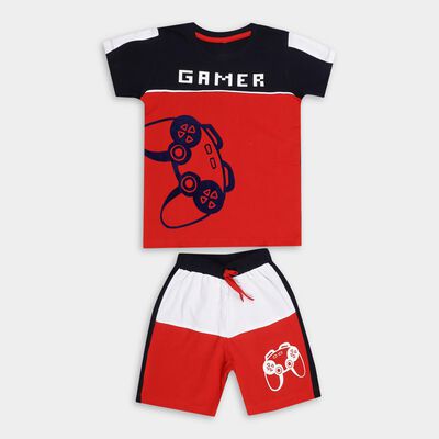 Boys' Red Cotton Round Neck Graphic Baba Suit