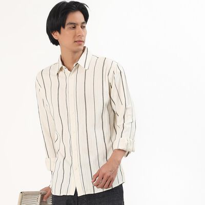 Men's Light Beige Cotton Full Sleeve Classic Collar Striped Shirt