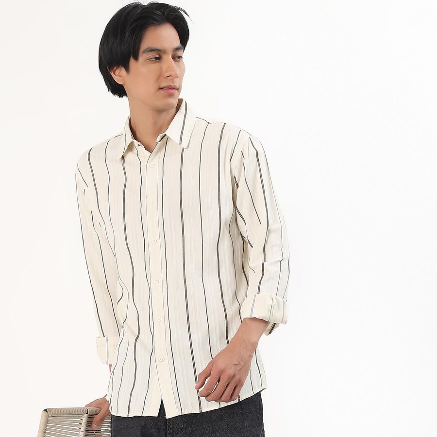 Men's Light Beige Cotton Full Sleeve Classic Collar Striped Shirt, Olive, large image number null