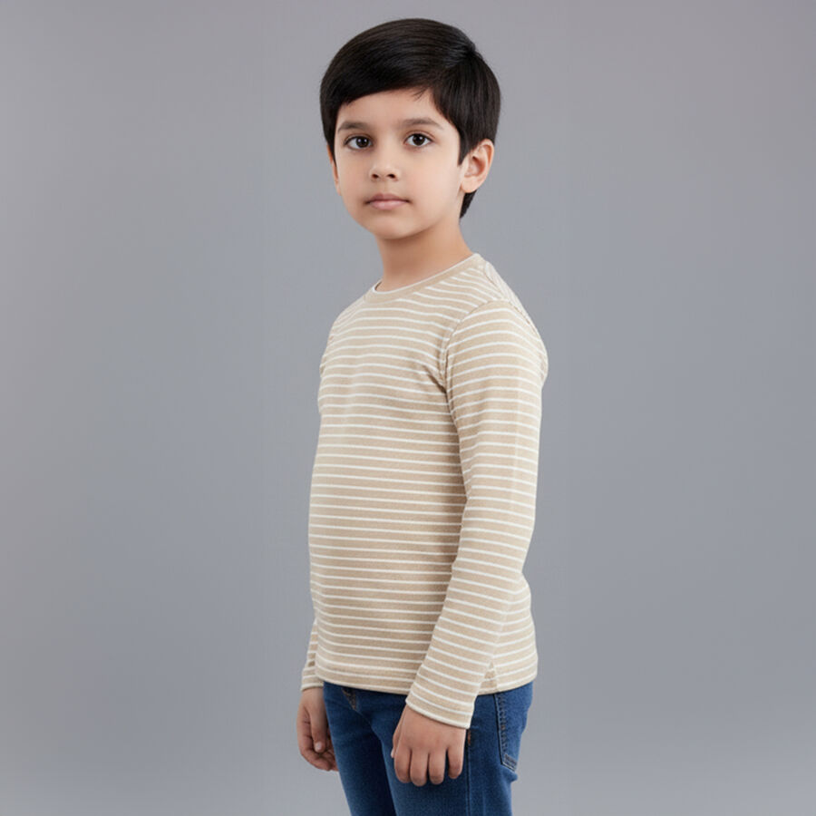Boys Beige Cotton Blend Round Neck Casual T-Shirt, भूरा, large image number null