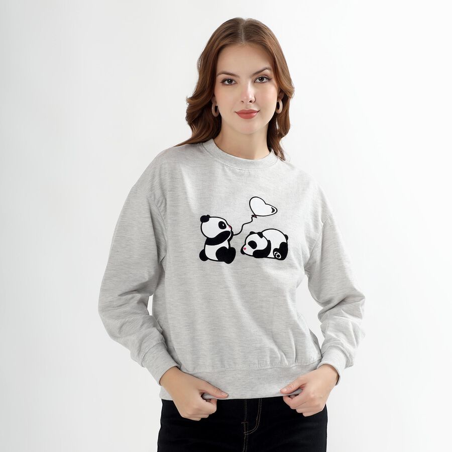 Women's Light Grey Crew Neck Casual Sweatshirt, Melange Light Grey, large image number null