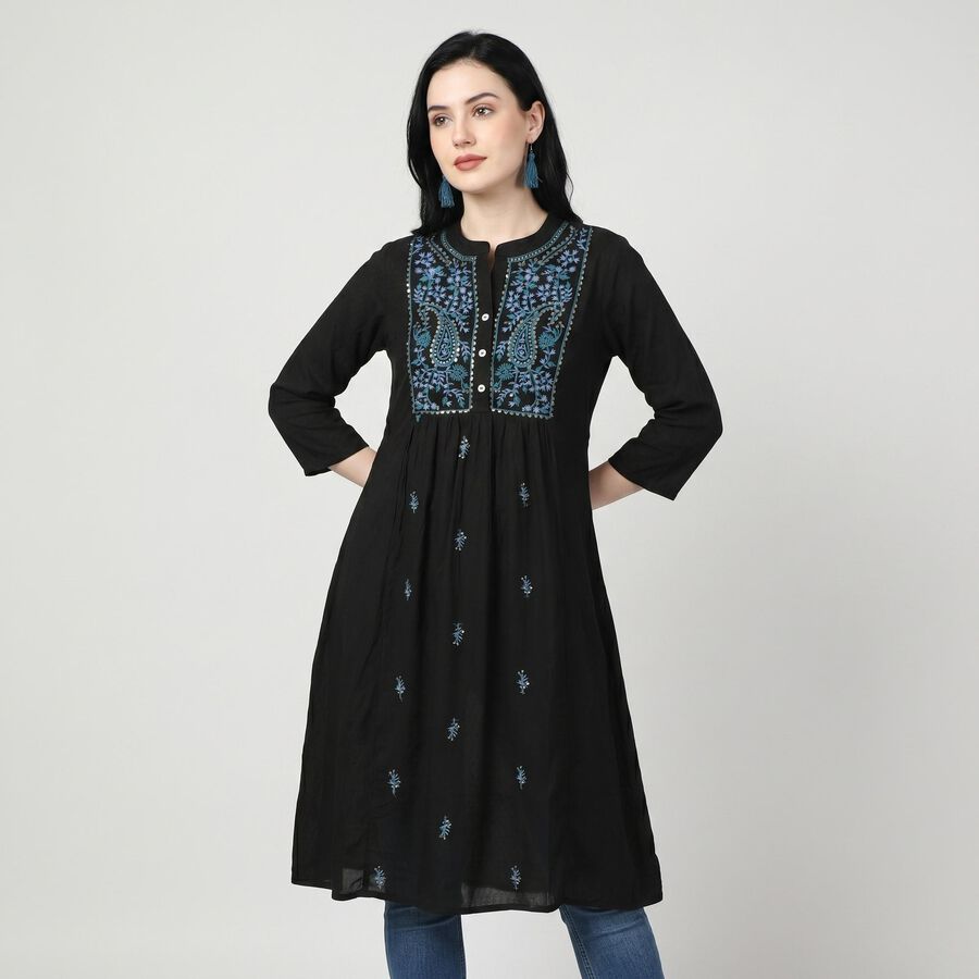 Women's Black Band Collar Embroidered Kurta, Black, large