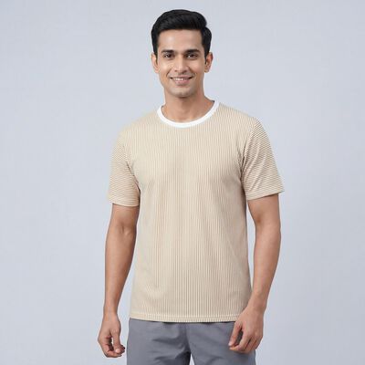 Men's Beige Round Neck Athleisure Drifit T-Shirt