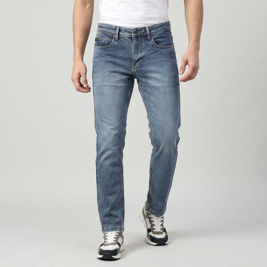 Men's Blue Slim Fit Faded Jeans, गहरा नीला, large