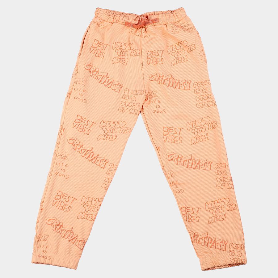 Girls Peach Regular Fit Text Printed Pyjama, पीच, large