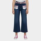 Girls' Dark Indigo Blue Flared Fit Embellished Jeans, Mid Blue, small image number null