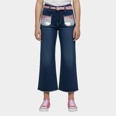 Girls' Dark Indigo Blue Flared Fit Embellished Jeans