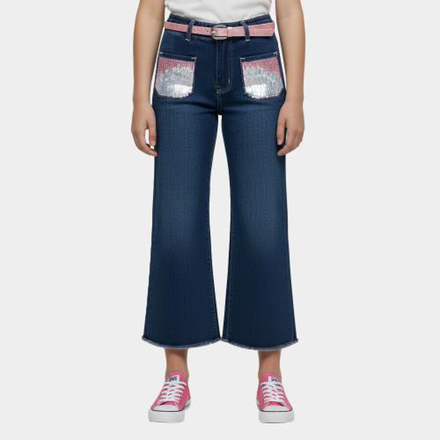 Girls' Dark Indigo Blue Flared Fit Embellished Jeans, Mid Blue, large image number null