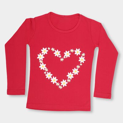Girls' Bright Red Cotton Round Neck Casual Top