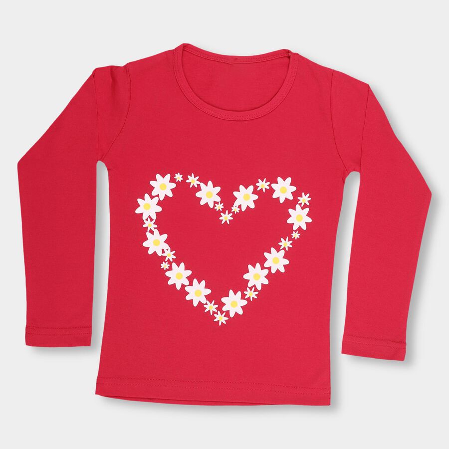 Girls' Bright Red Cotton Round Neck Casual Top, Fuchsia, large image number null