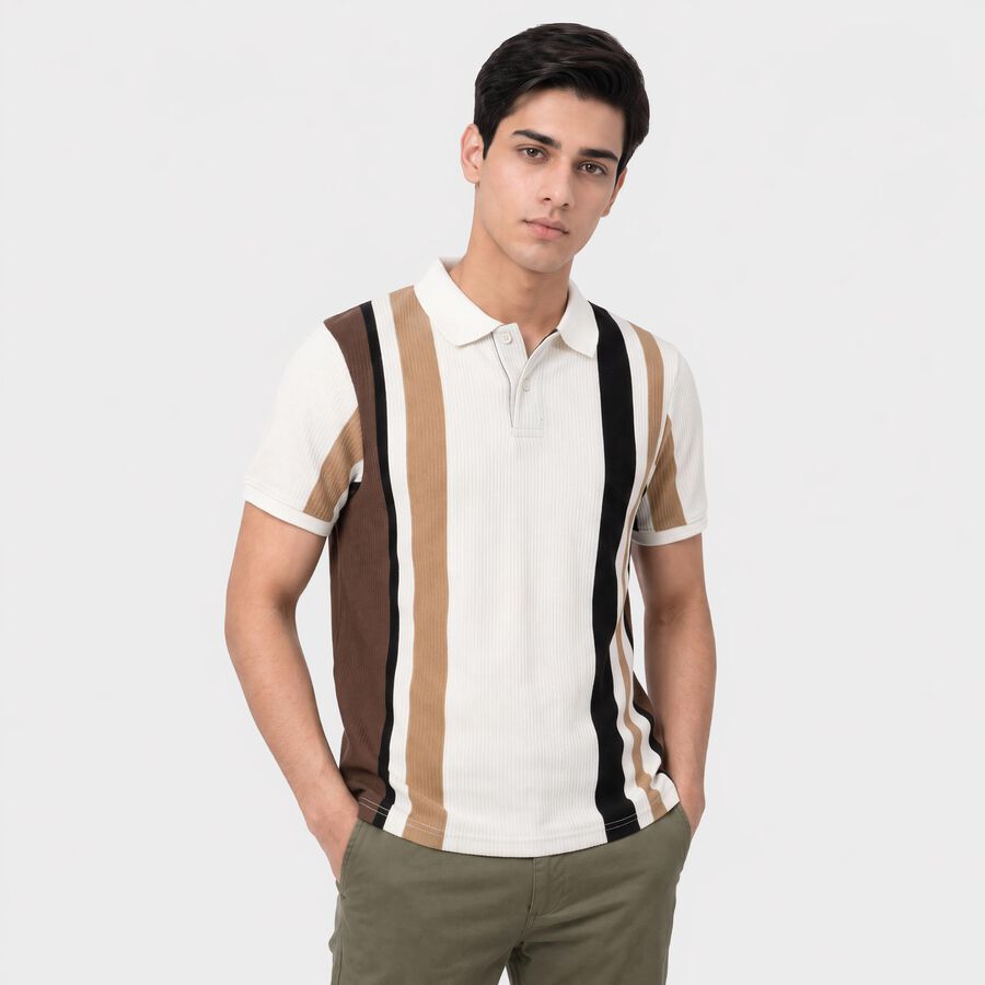 Men's Beige Polo Neck Striped T-Shirt, गहरा पीला, large