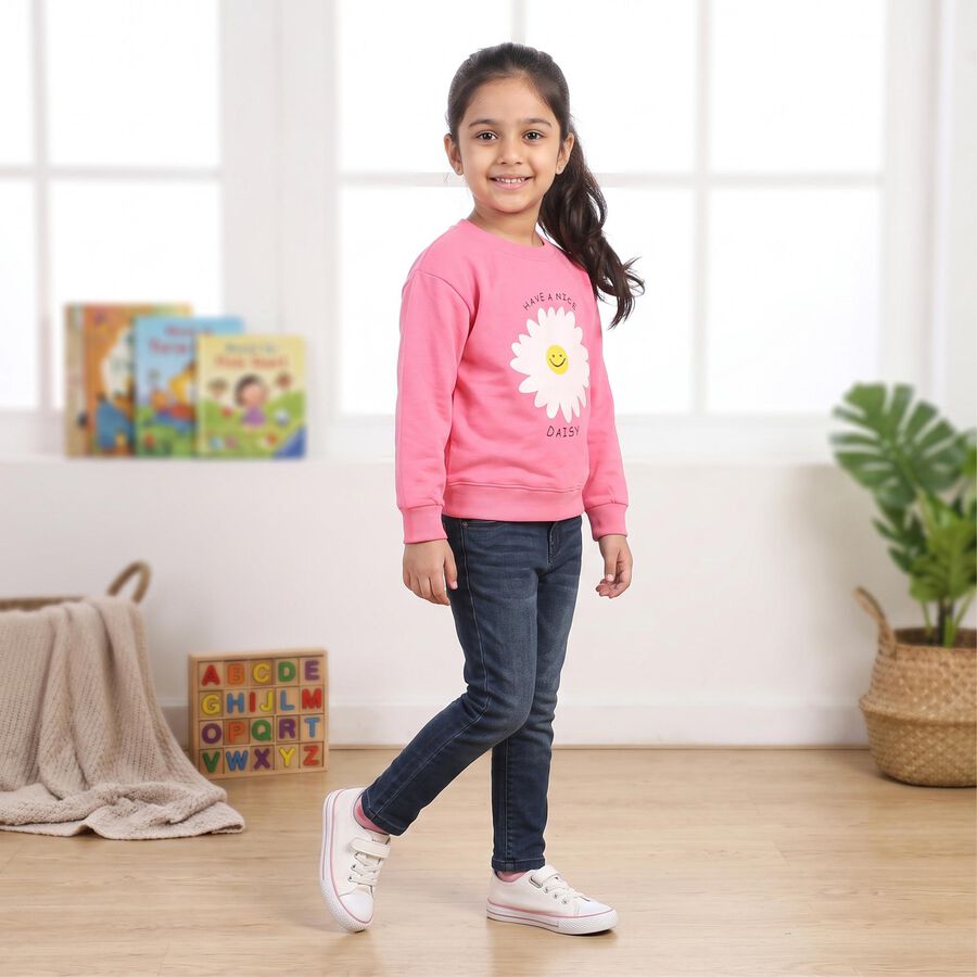 Girls' Pink Round Neck Pullover Sweatshirt, Pink, large