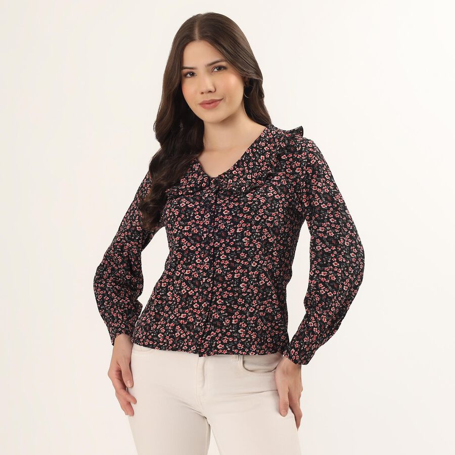 Women's Black Half Sleeve Classic Collar Textured Casual Shirt, Black, large