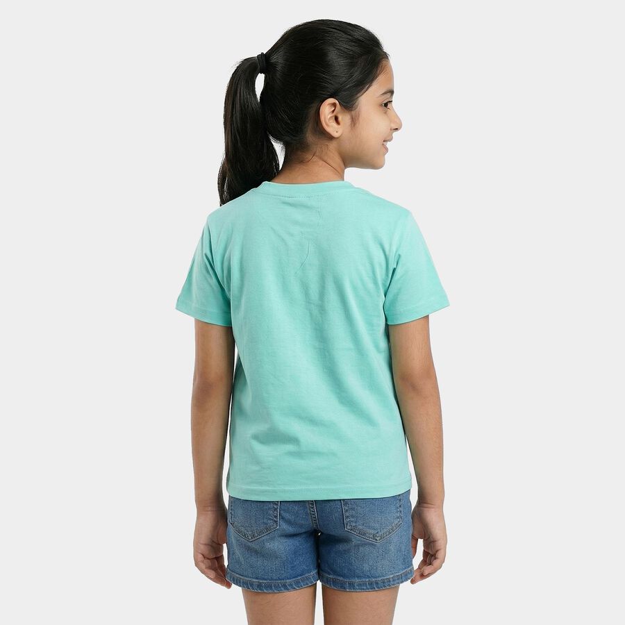 Girls Blue Round Neck Casual T-Shirt, एक्वा, large