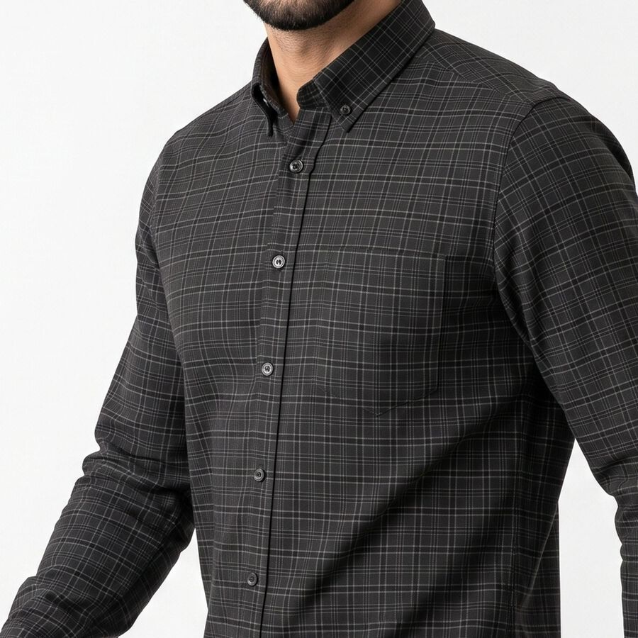 Men's Dark Grey Cotton Button-Down Collar Shirt, गहरा ग्रे, large