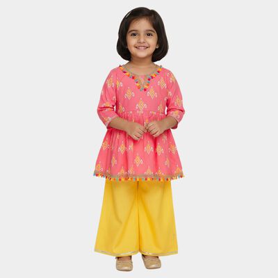 Girls Bright Pink Ikat Print Bohemian Kurta and Yellow Palazzo Fusion Set